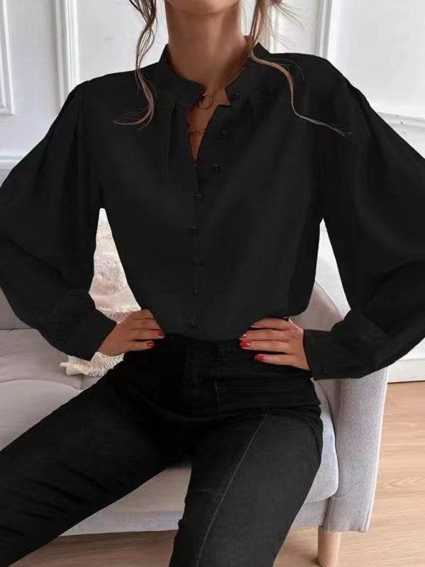 Commute Style Solid Color Round Neck Long Sleeve Single-breasted Women's Shirt - MYLUXURY LANE ENTERPRISE