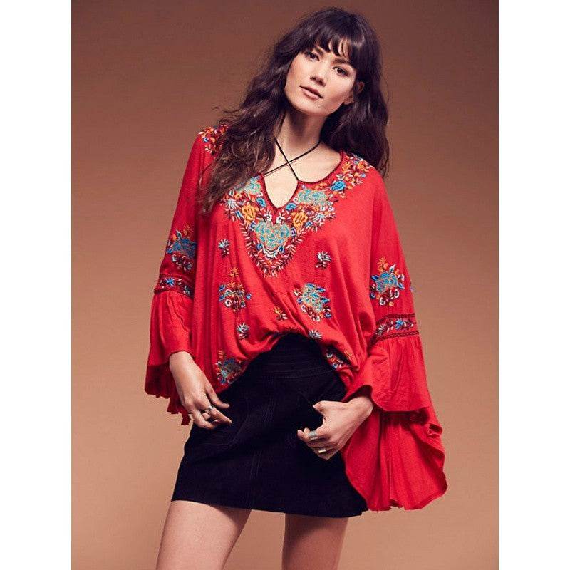 Women's Bohemian V-neck Lace-up Embroidered Top - MYLUXURY LANE ENTERPRISE