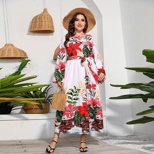 Long Sleeve Flower Wide Hem Printed Dress - MYLUXURY LANE ENTERPRISE