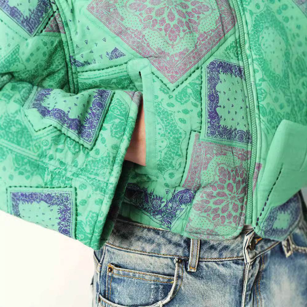 Round Neck Long Sleeve Printed Short Zipped Cotton-padded Jacket - MYLUXURY LANE ENTERPRISE