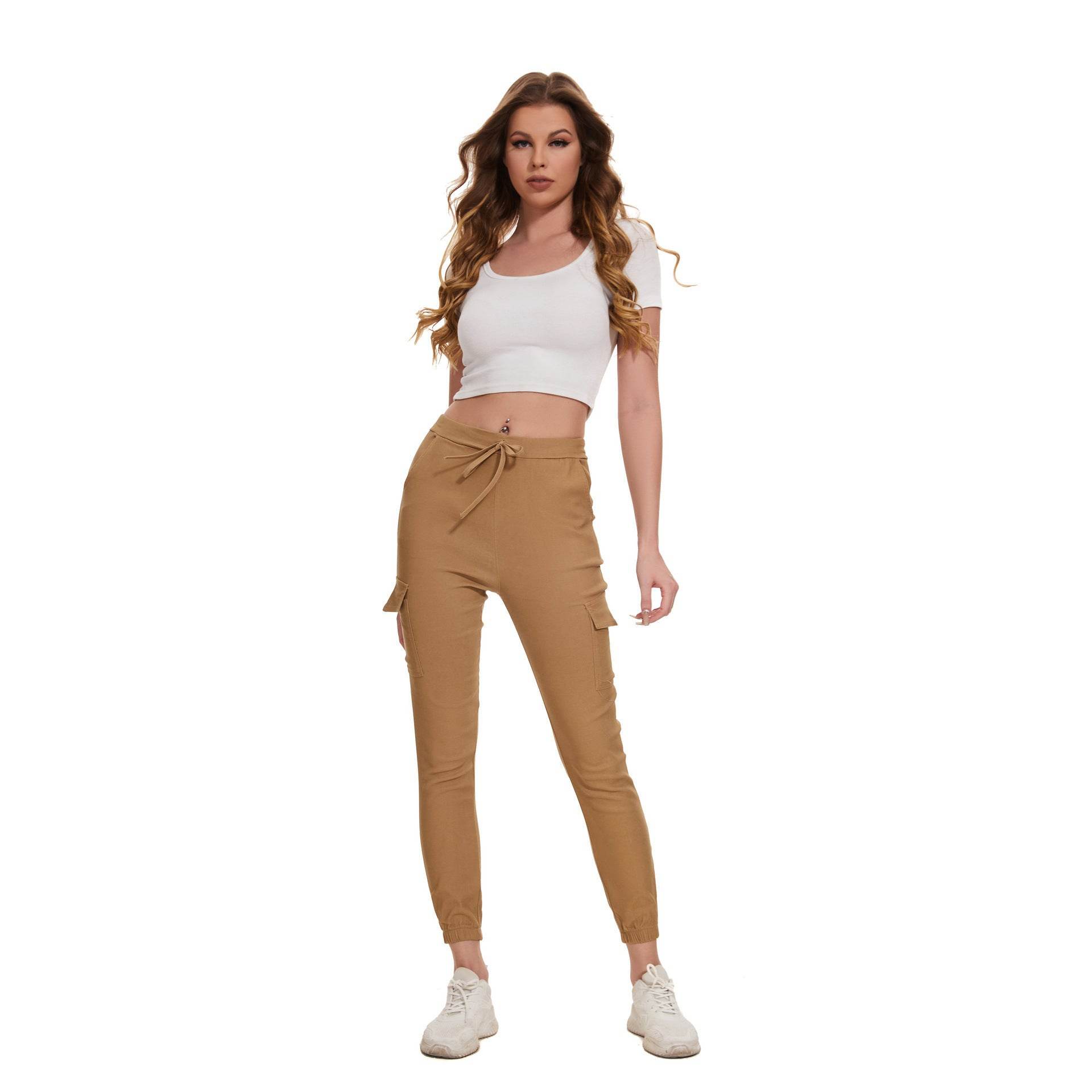 Multi-pocket Work Elegant Casual Elastic Waist Lace Up Pants - MYLUXURY LANE ENTERPRISE