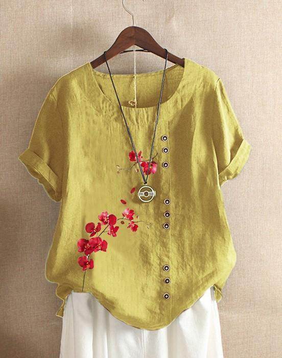 Retro Cotton And Linen Printed Loose Casual Shirt Short-sleeved T-shirt For Women - MYLUXURY LANE ENTERPRISE
