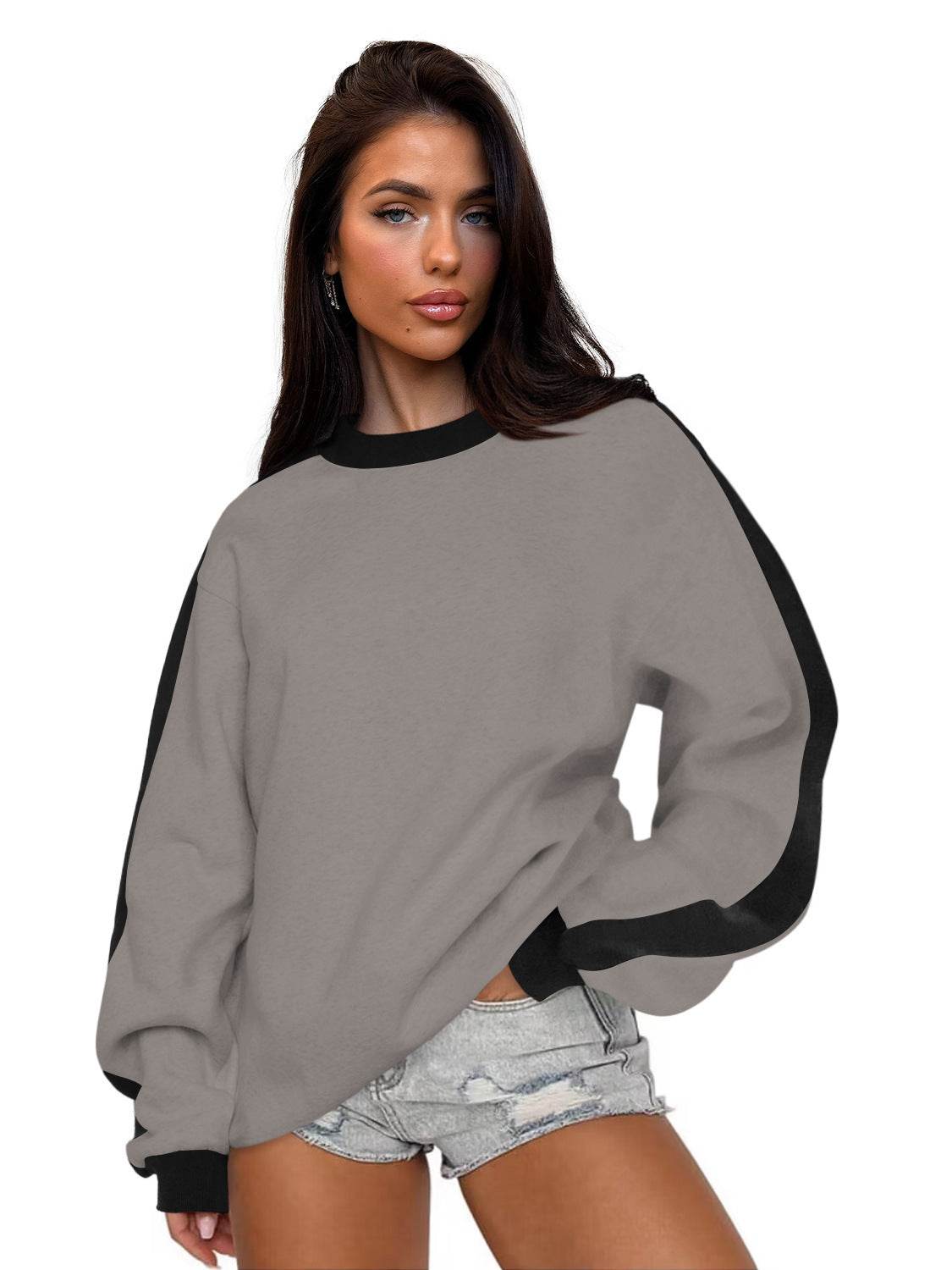Women's Contrast Color Round Neck Loose Sweater Long-sleeved Top - MYLUXURY LANE ENTERPRISE