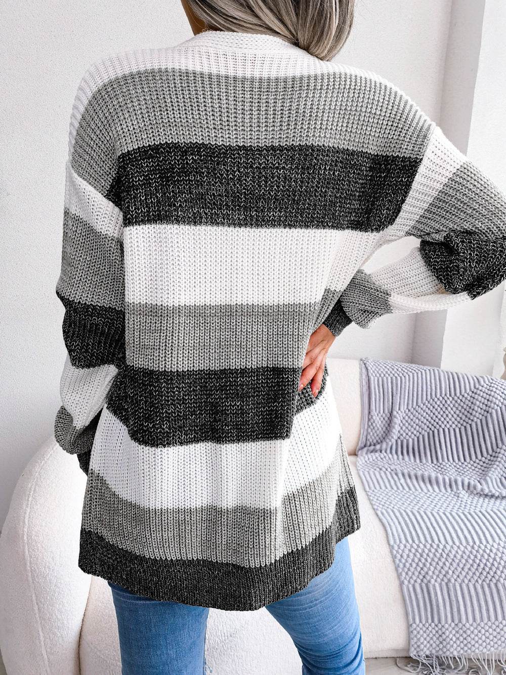 Plaid Sweater Women Casual Lantern Sleeves Cardigan Jacket Outerwear Clothes - MYLUXURY LANE ENTERPRISE