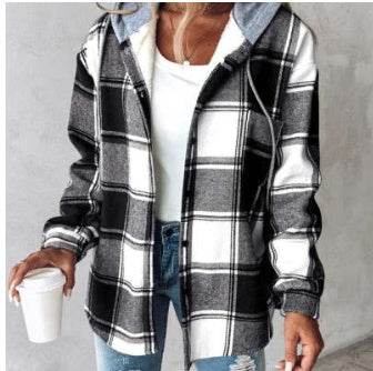 European And American Fashion Women's Wear Solid Color Plaid Hooded Jacket - MYLUXURY LANE ENTERPRISE
