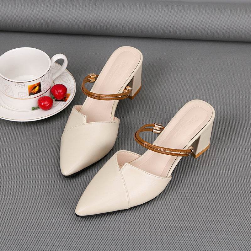 Pointed Toe Two-way Wear With Cool Half Slippers Chunky Heel Sandals - MYLUXURY LANE ENTERPRISE