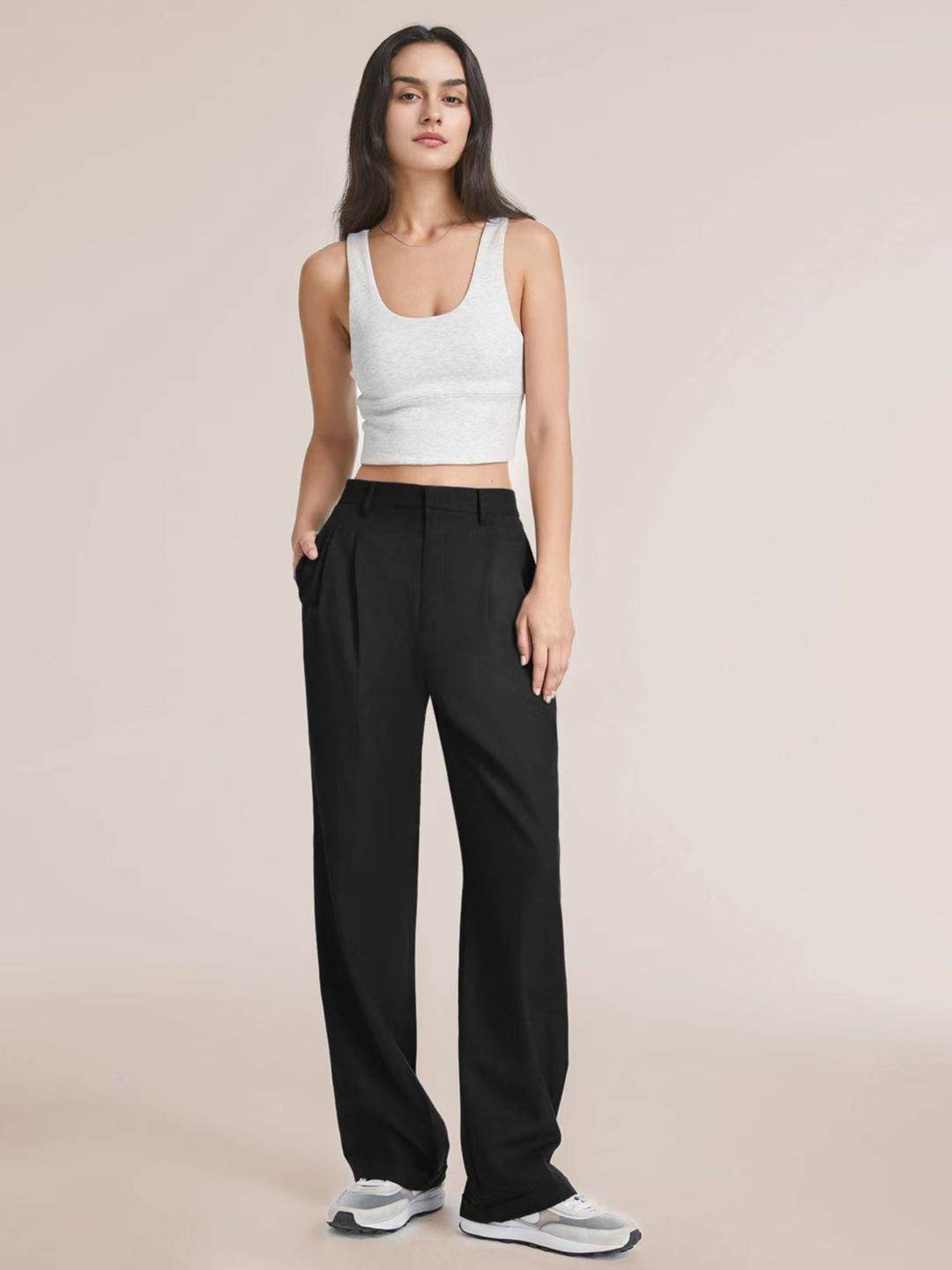 Commuter Drooping Slimming Solid Pocket High Waist Wide Leg Pants - MYLUXURY LANE ENTERPRISE