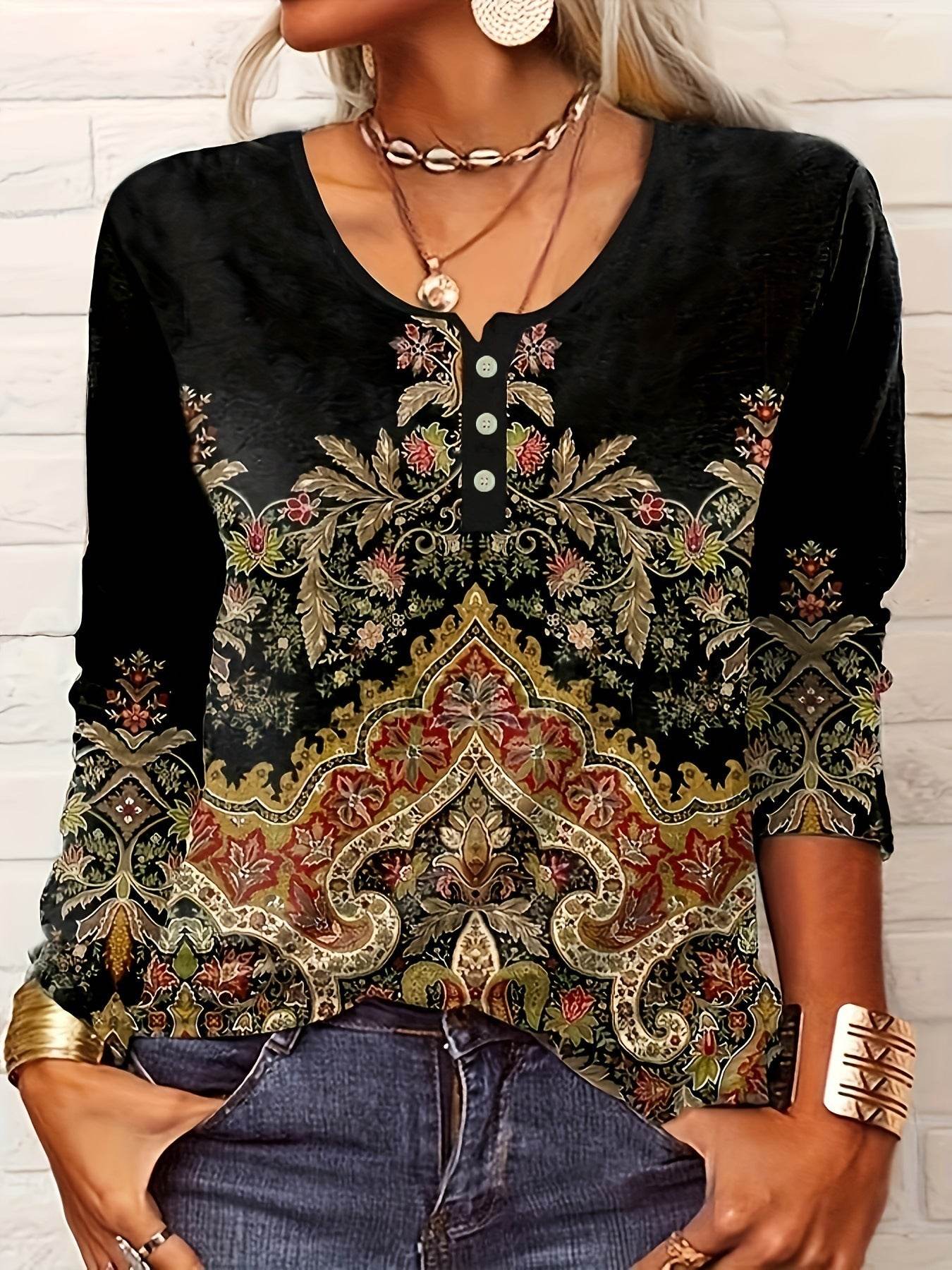 Women's V-neck Ethnic Print Plus Size T-shirt - MYLUXURY LANE ENTERPRISE