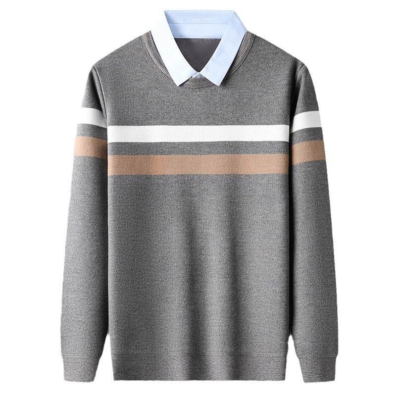 Men's False Two Pieces Shirt Collar Striped Sweater - MYLUXURY LANE ENTERPRISE