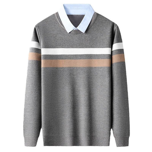 Men's False Two Pieces Shirt Collar Striped Sweater - MYLUXURY LANE ENTERPRISE