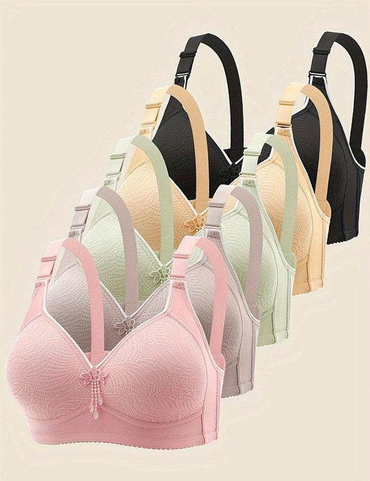 Lace-patterned No-wire Bra With Four Rows And Three Buttons With Sponge Cups - MYLUXURY LANE ENTERPRISE
