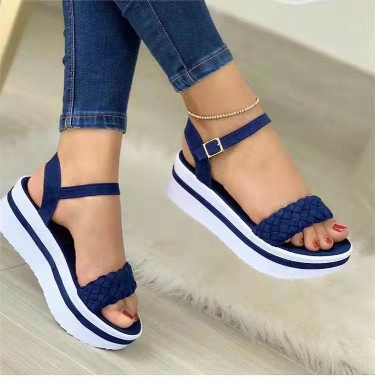 Weave Style Sandals Thick-bottomed Braided One Word Buckle Strap Shoes Women - MYLUXURY LANE ENTERPRISE