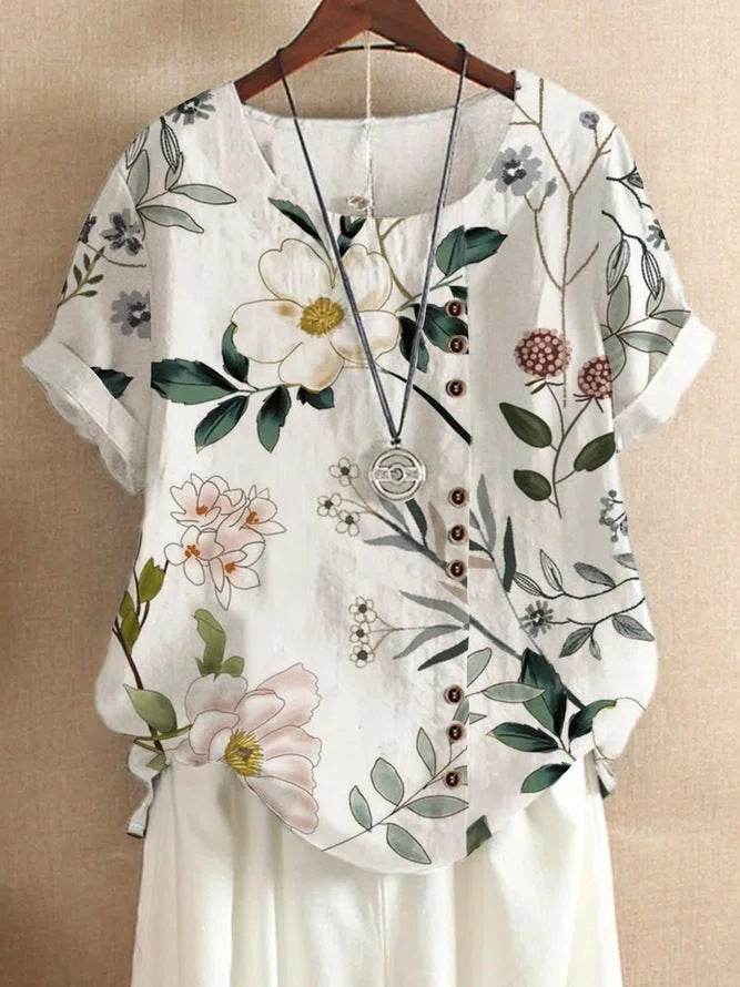Retro Cotton And Linen Printed Loose Casual Shirt Short-sleeved T-shirt For Women - MYLUXURY LANE ENTERPRISE