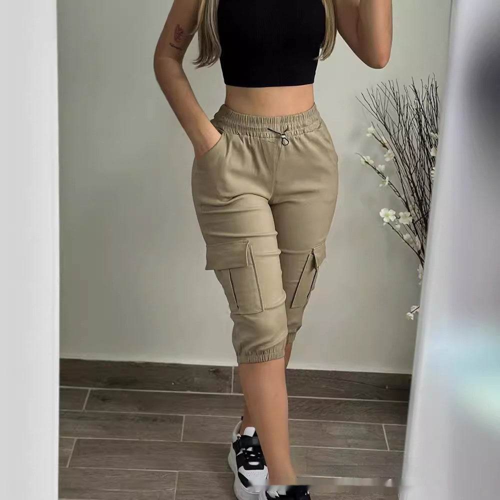 Khaki Casual Patch Pocket Elastic Cropped Pants - MYLUXURY LANE ENTERPRISE