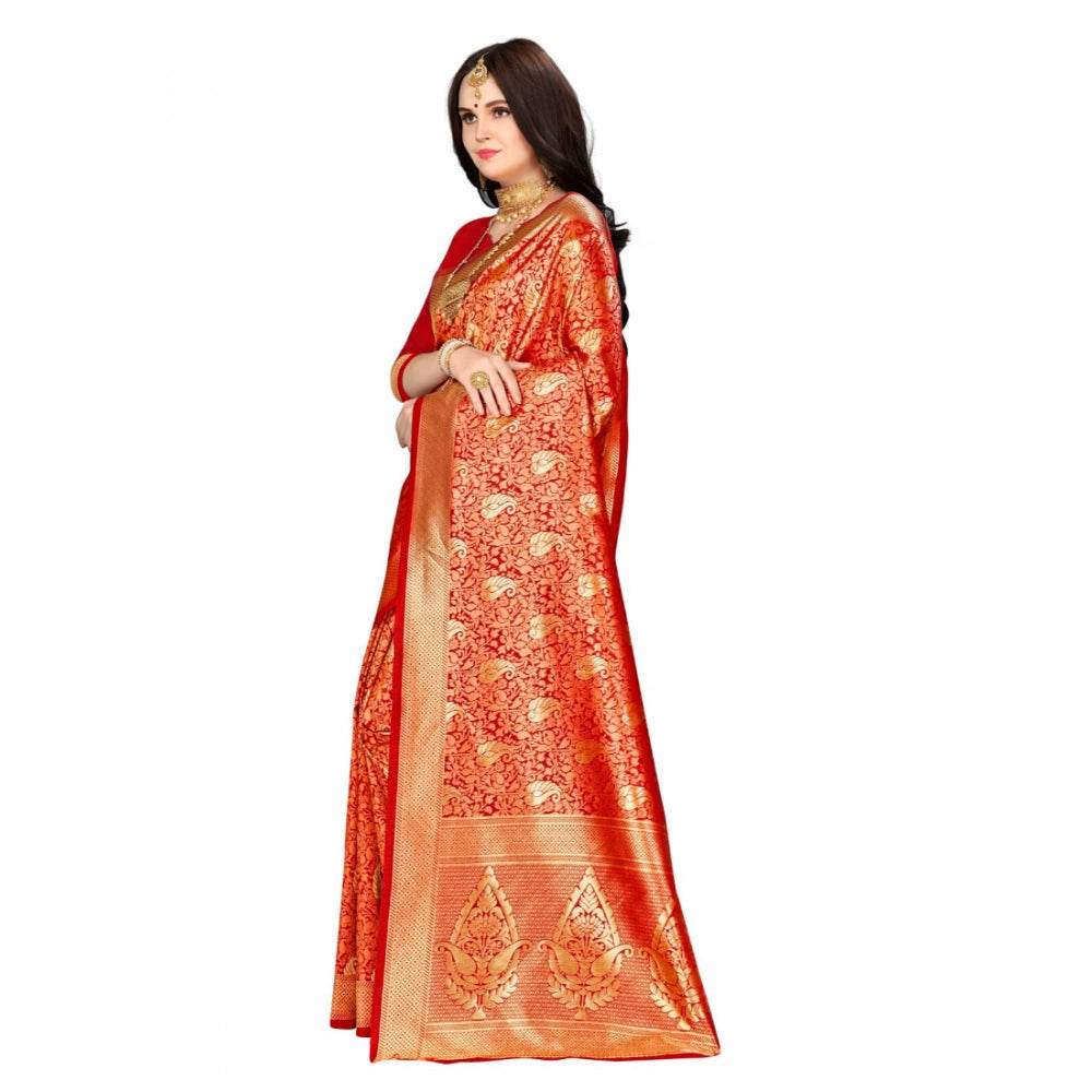 Generic Women's Banarasi silk Saree with Blouse (Red, 5-6mtr) - MYLUXURY LANE ENTERPRISE