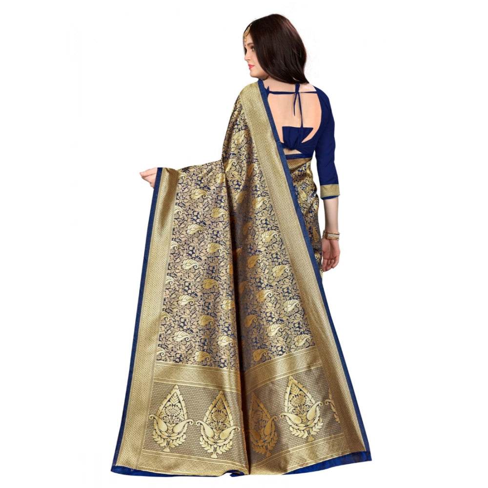 Generic Women's Banarasi silk Saree with Blouse (Navy blue, 5-6mtr) - MYLUXURY LANE ENTERPRISE