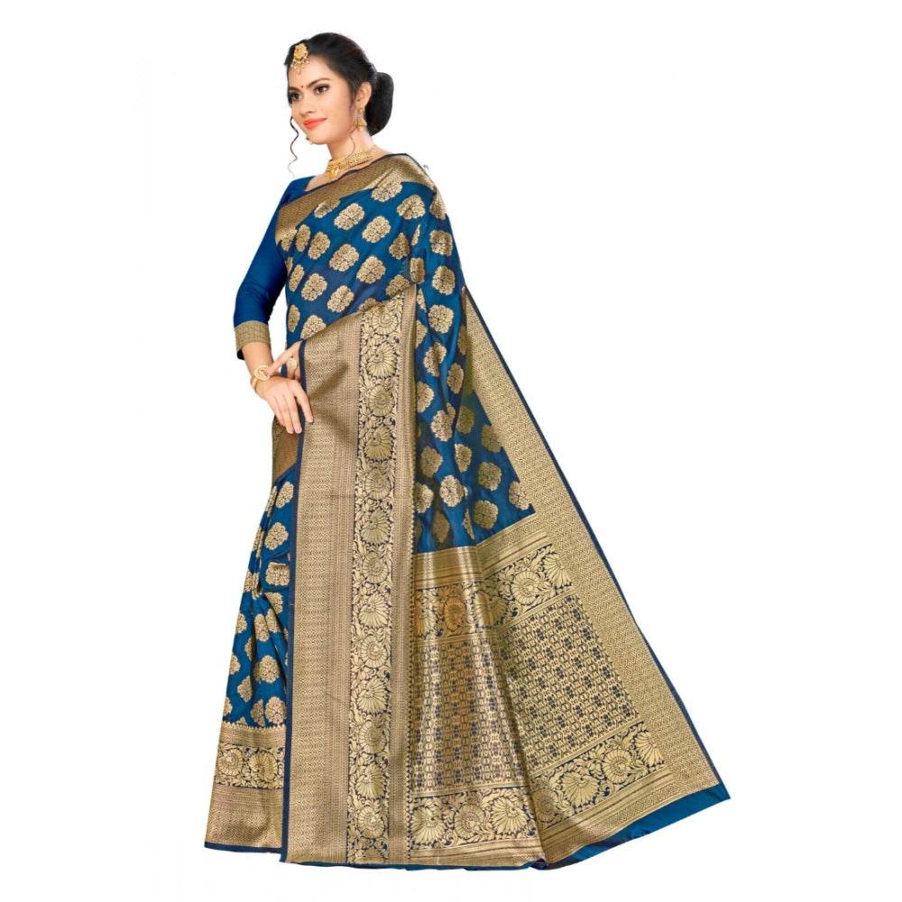 Generic Women's Banarasi silk Saree with Blouse (Navy blue, 5-6mtr) - MYLUXURY LANE ENTERPRISE