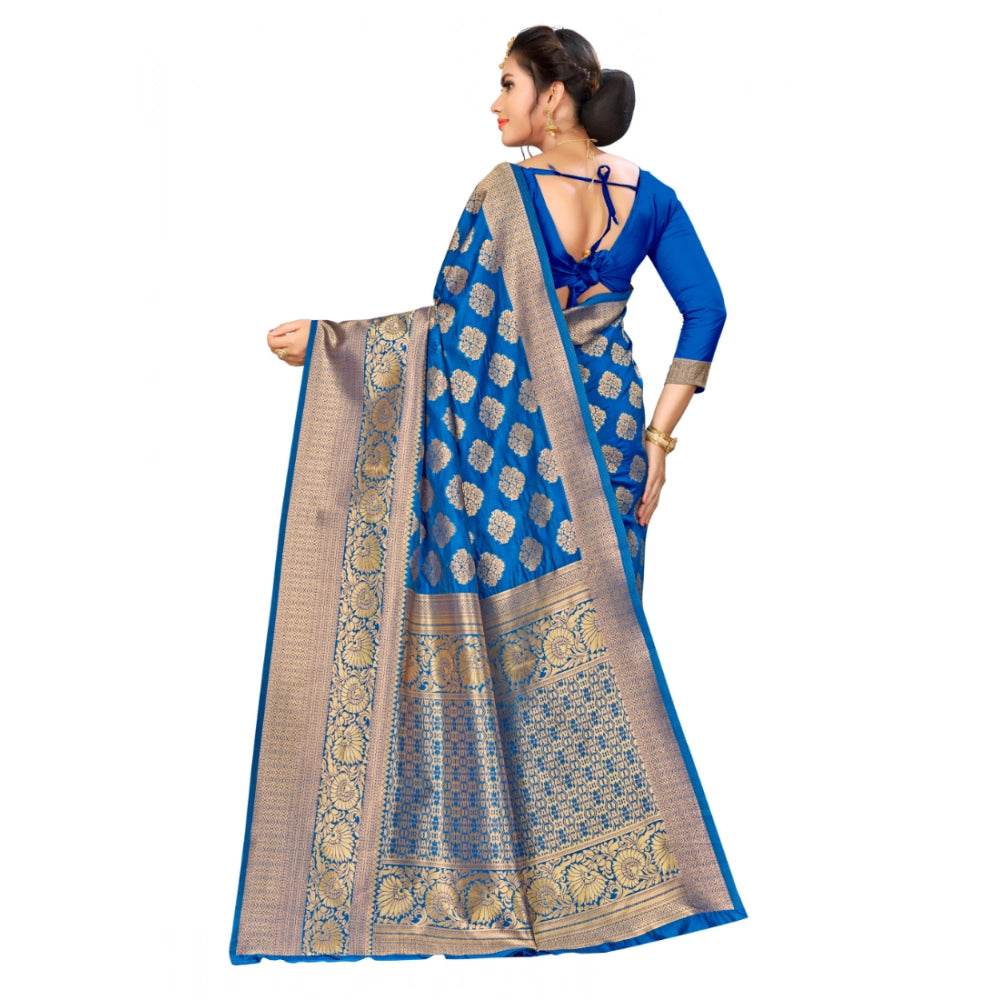 Generic Women's Banarasi silk Saree with Blouse (Blue, 5-6mtr) - MYLUXURY LANE ENTERPRISE