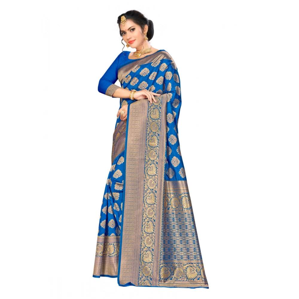 Generic Women's Banarasi silk Saree with Blouse (Blue, 5-6mtr) - MYLUXURY LANE ENTERPRISE