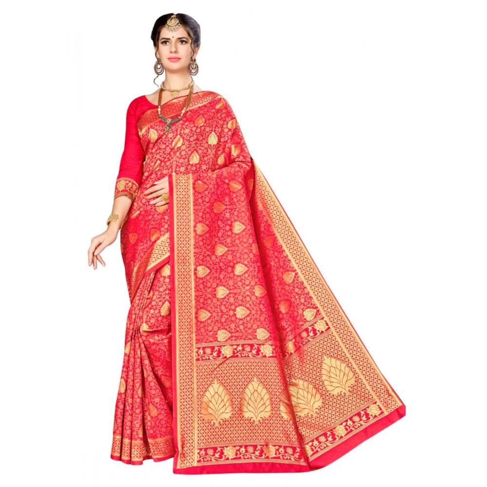 Generic Women's Banarasi silk Saree with Blouse (Red, 5-6mtr) - MYLUXURY LANE ENTERPRISE