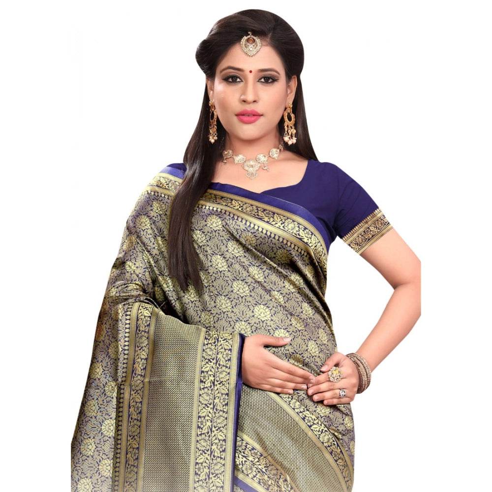 Generic Women's Banarasi silk Saree with Blouse (Navy blue, 5-6mtr) - MYLUXURY LANE ENTERPRISE