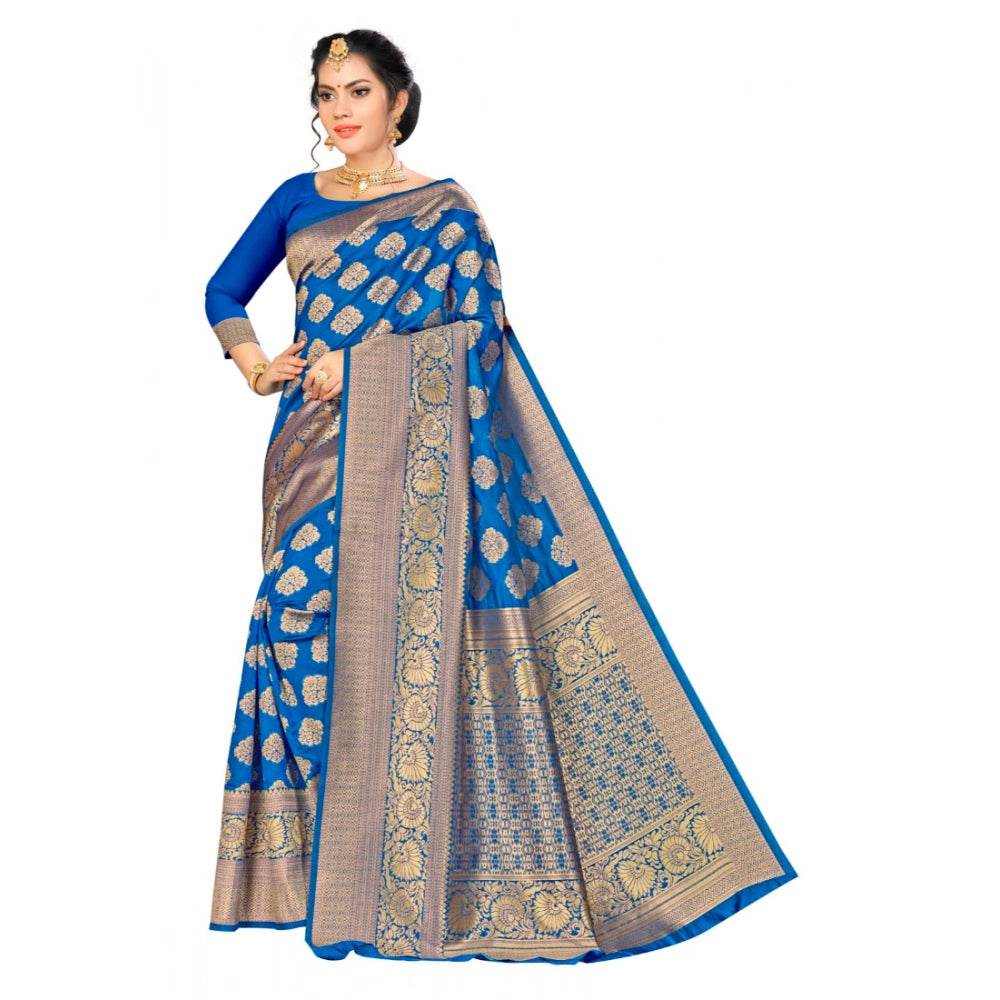 Generic Women's Banarasi silk Saree with Blouse (Blue, 5-6mtr) - MYLUXURY LANE ENTERPRISE