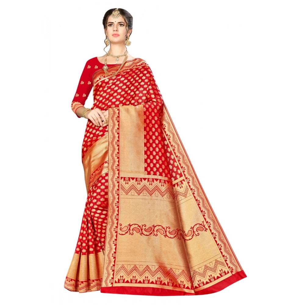 Generic Women's Banarasi silk Saree with Blouse (Red, 5-6mtr) - MYLUXURY LANE ENTERPRISE