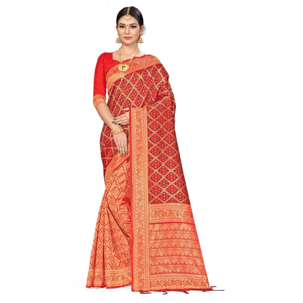 Generic Women's Banarasi silk Saree with Blouse (Red,black, 5-6mtr) - MYLUXURY LANE ENTERPRISE