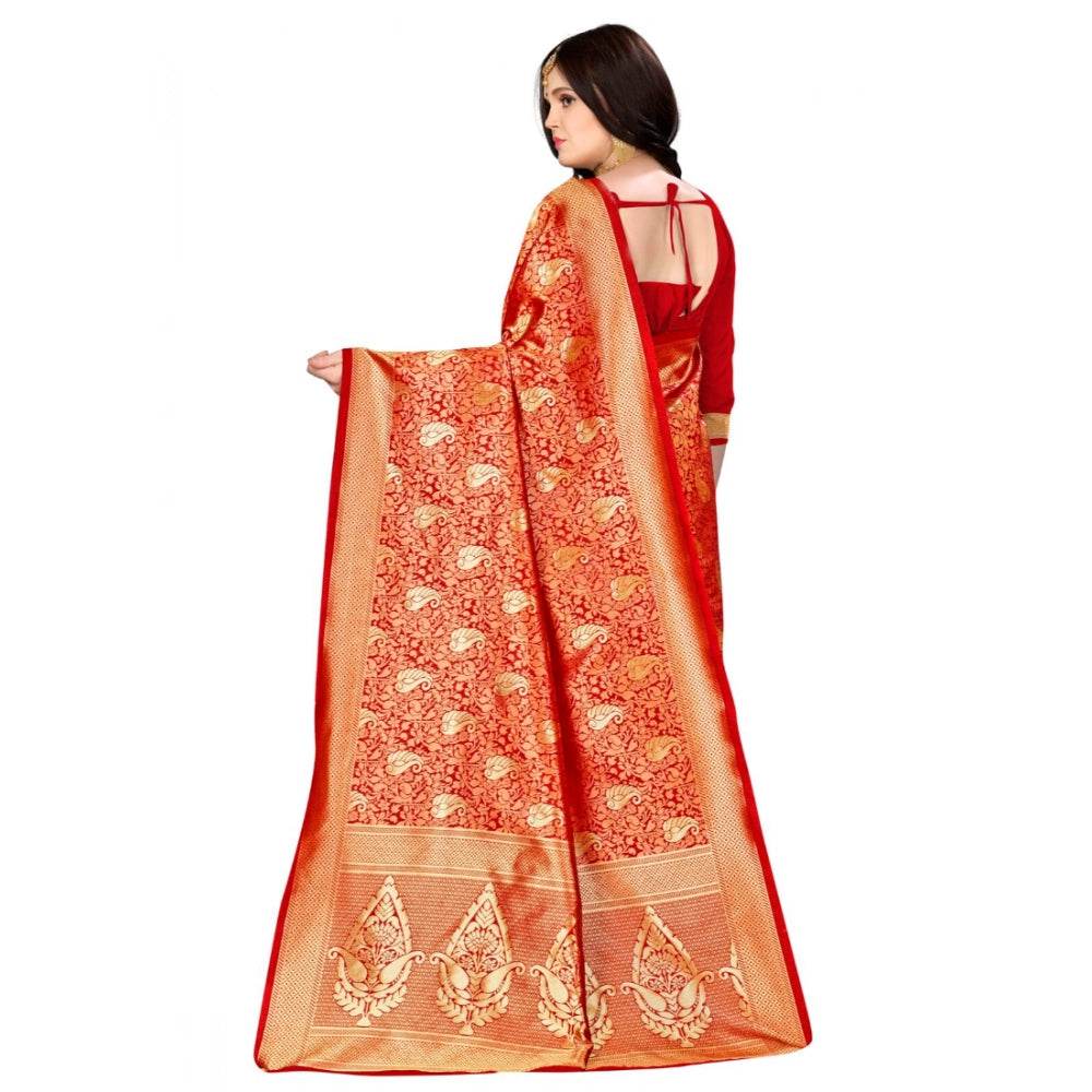 Generic Women's Banarasi silk Saree with Blouse (Red, 5-6mtr) - MYLUXURY LANE ENTERPRISE