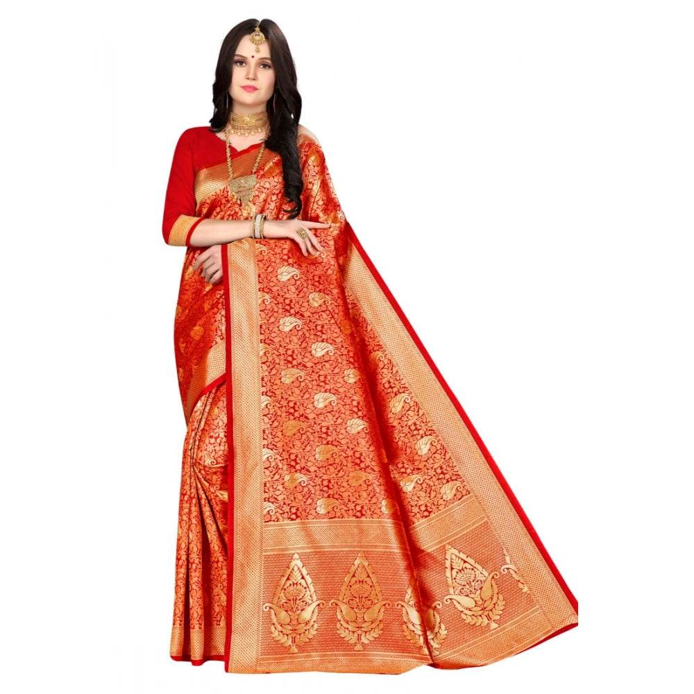 Generic Women's Banarasi silk Saree with Blouse (Red, 5-6mtr) - MYLUXURY LANE ENTERPRISE