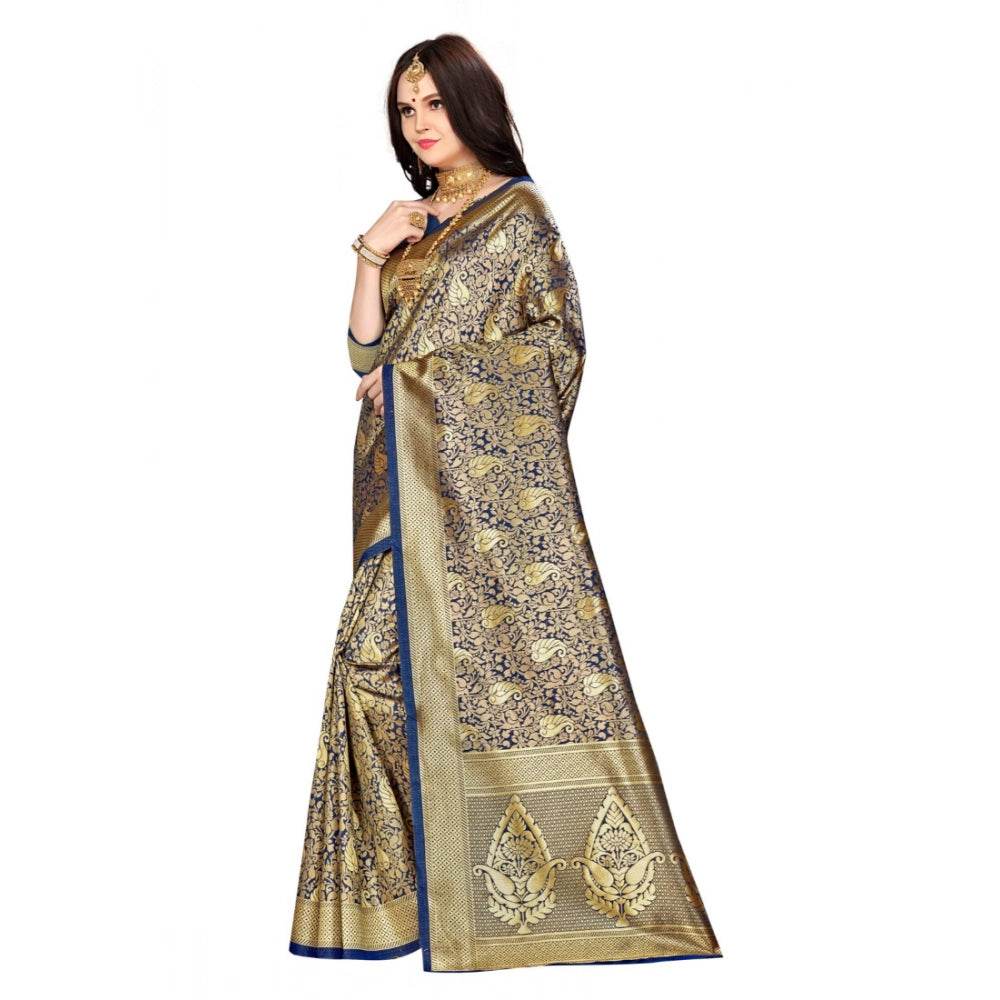 Generic Women's Banarasi silk Saree with Blouse (Navy blue, 5-6mtr) - MYLUXURY LANE ENTERPRISE