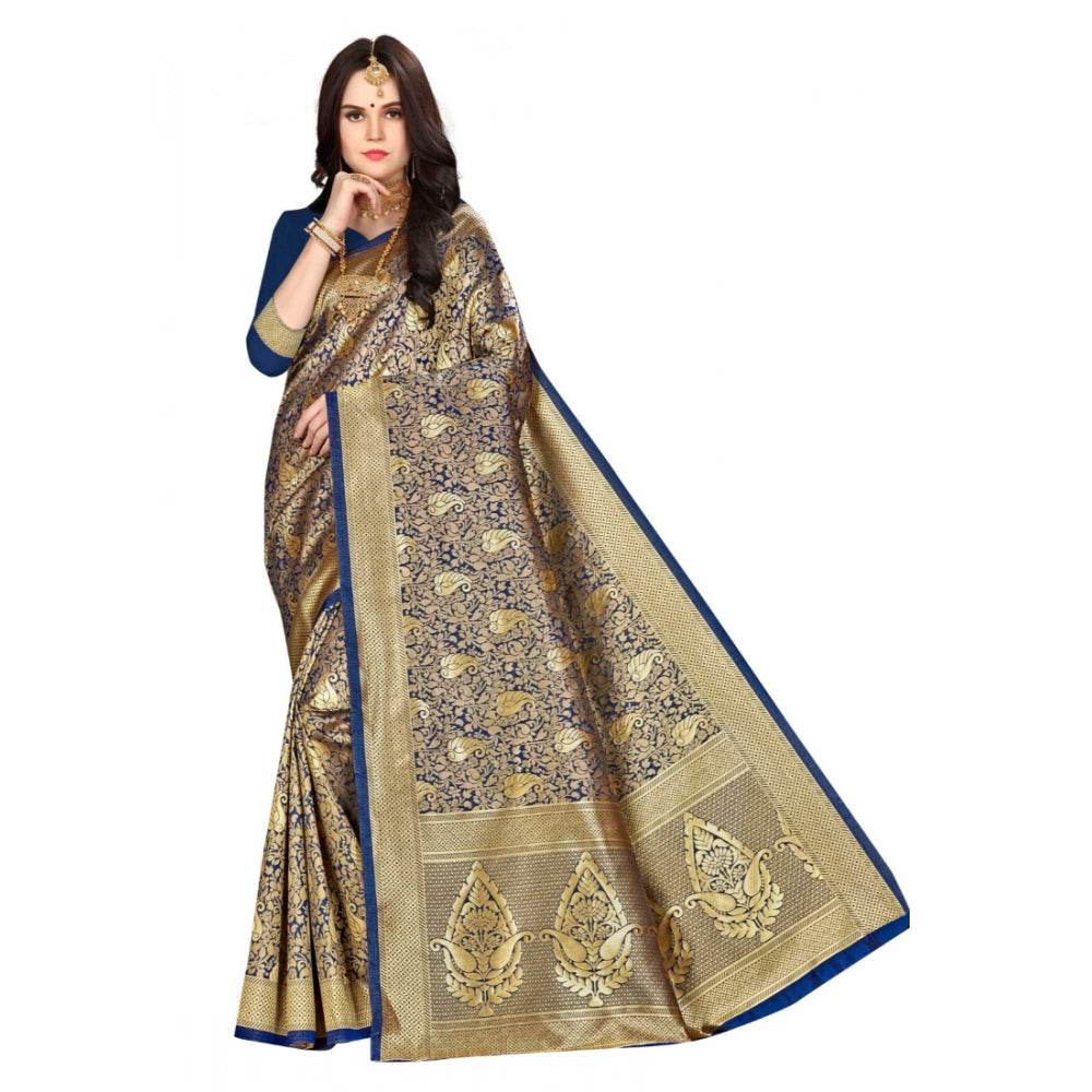 Generic Women's Banarasi silk Saree with Blouse (Navy blue, 5-6mtr) - MYLUXURY LANE ENTERPRISE