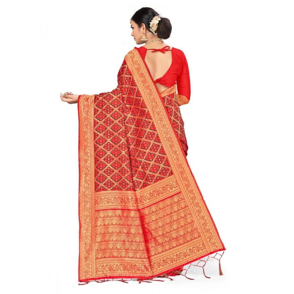 Generic Women's Banarasi silk Saree with Blouse (Red,black, 5-6mtr) - MYLUXURY LANE ENTERPRISE