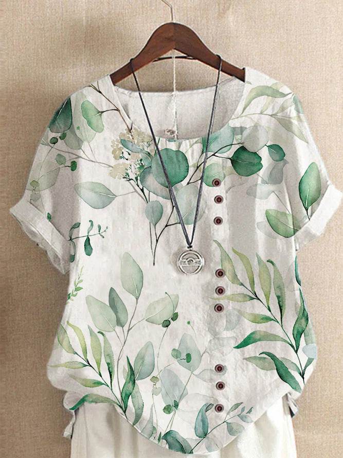 Retro Cotton And Linen Printed Loose Casual Shirt Short-sleeved T-shirt For Women - MYLUXURY LANE ENTERPRISE