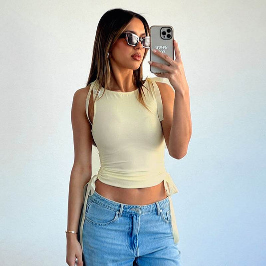 Navel Solid Color Ribbon Drawstring Top - MYLUXURY LANE ENTERPRISE