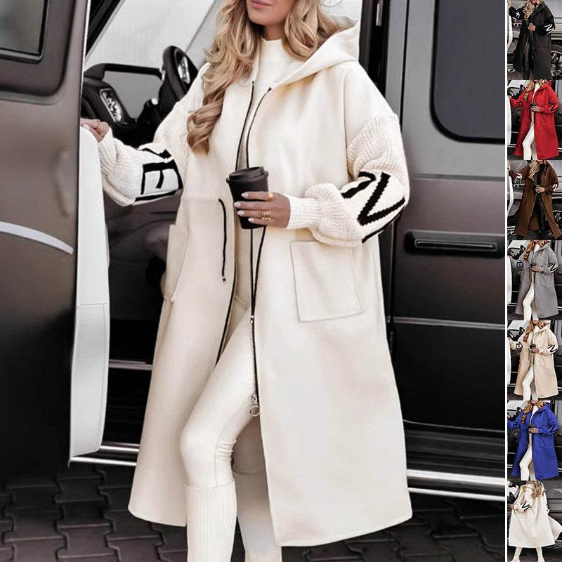 Hooded Windbreaker Long Jacket With Pockets And Drawstring Design Solid Color Knit-Sleeved Trench Coat For Women Clothing Fall Winter - MYLUXURY LANE ENTERPRISE