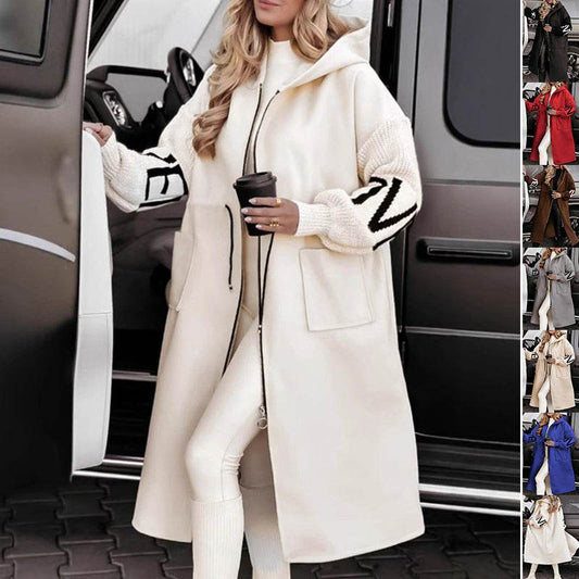 Hooded Windbreaker Long Jacket With Pockets And Drawstring Design Solid Color Knit-Sleeved Trench Coat For Women Clothing Fall Winter - MYLUXURY LANE ENTERPRISE