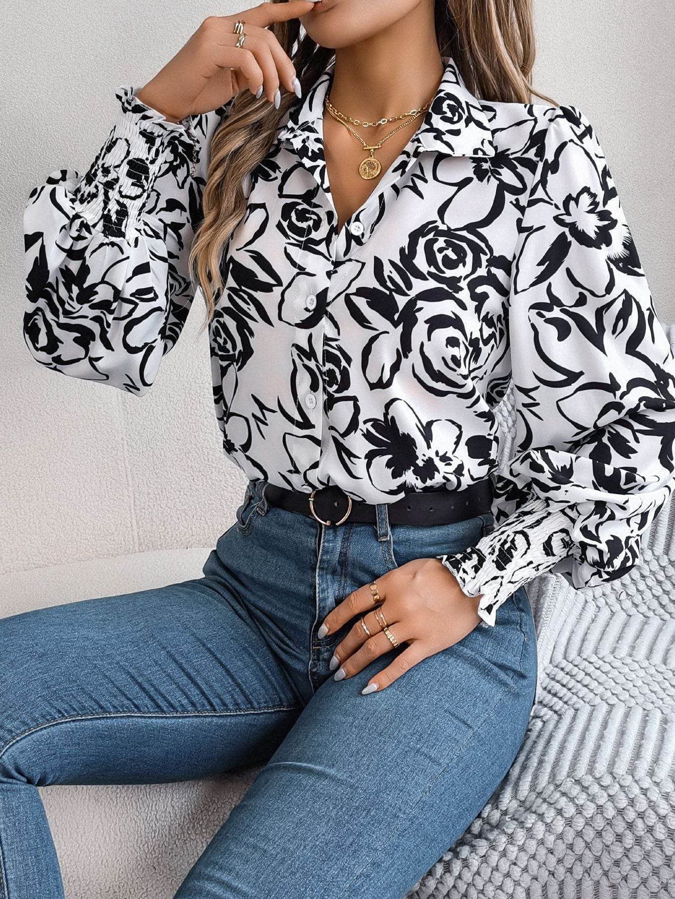 Elegant Contrast Color Flower Lantern Sleeve Lapel Shirt - MYLUXURY LANE ENTERPRISE