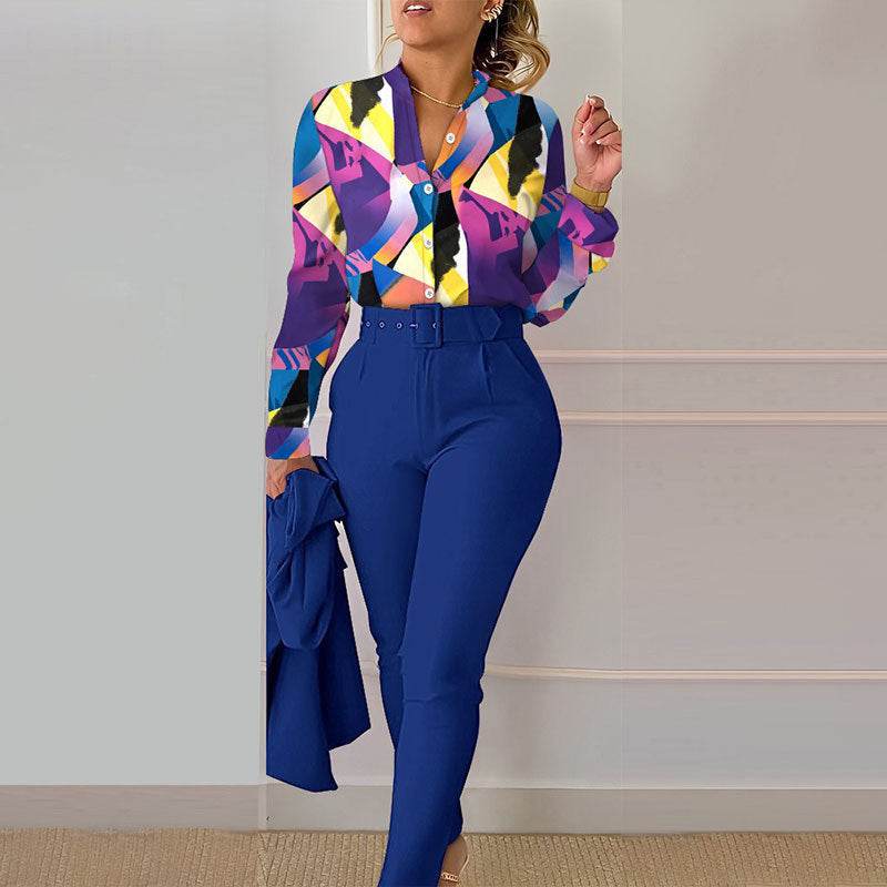 Women's Fashionable Printed Long-sleeved Shirt And Trousers Suit - MYLUXURY LANE ENTERPRISE