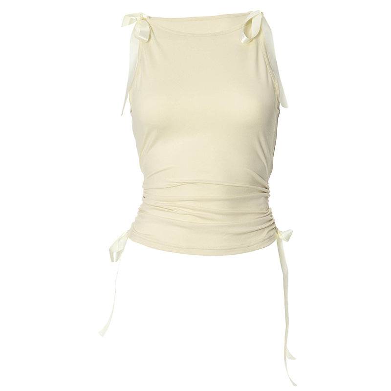 Navel Solid Color Ribbon Drawstring Top - MYLUXURY LANE ENTERPRISE