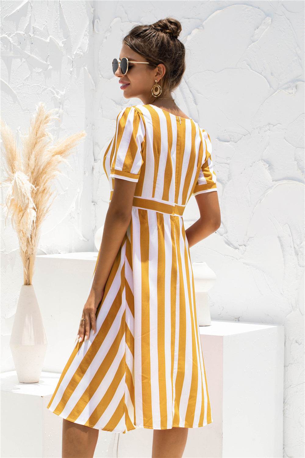 Printed V-neck Striped Short Sleeve Dress - MYLUXURY LANE ENTERPRISE