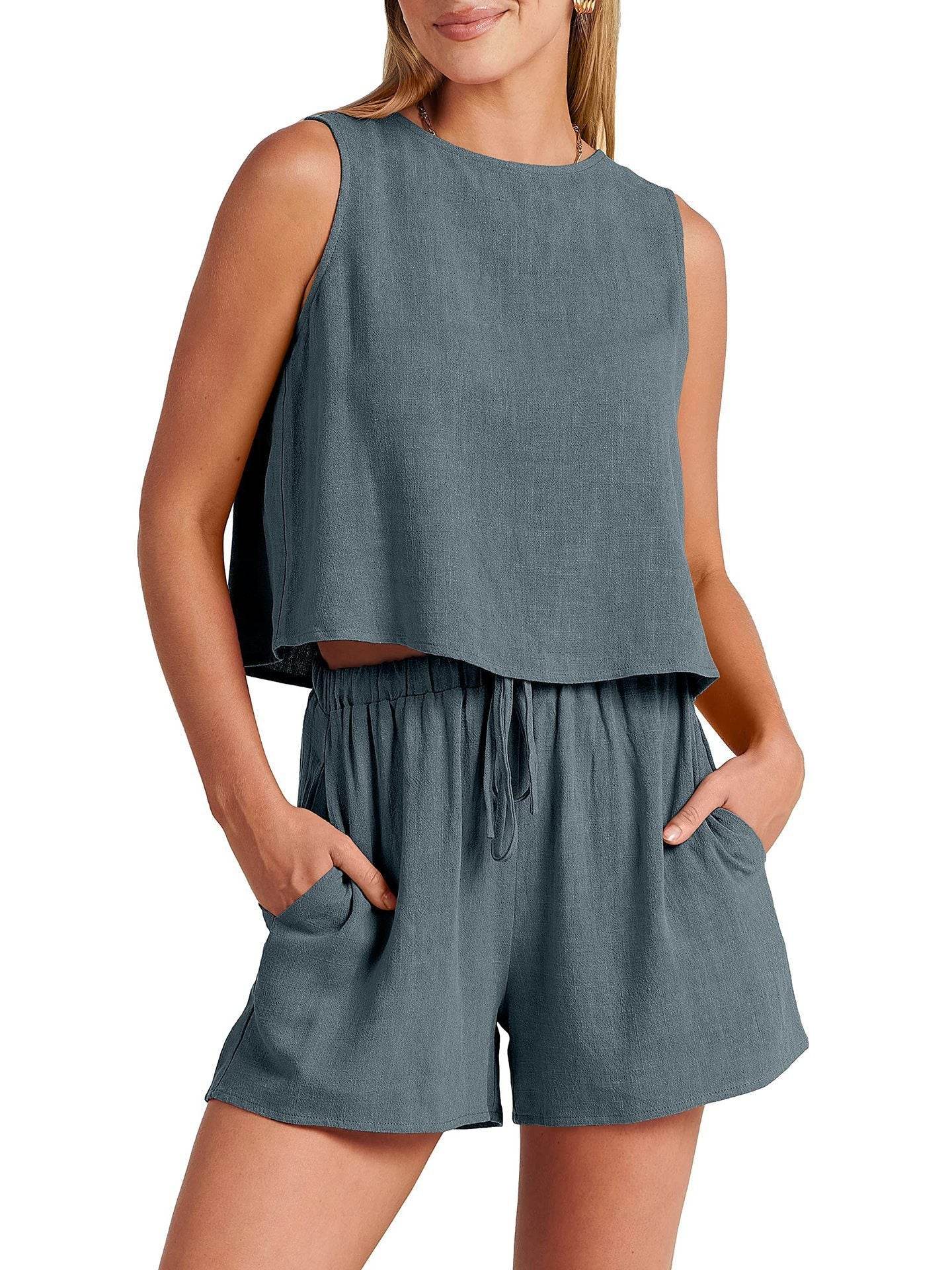 Women's Casual Sleeveless Loose Cotton Linen Shorts Two-piece Suit - MYLUXURY LANE ENTERPRISE