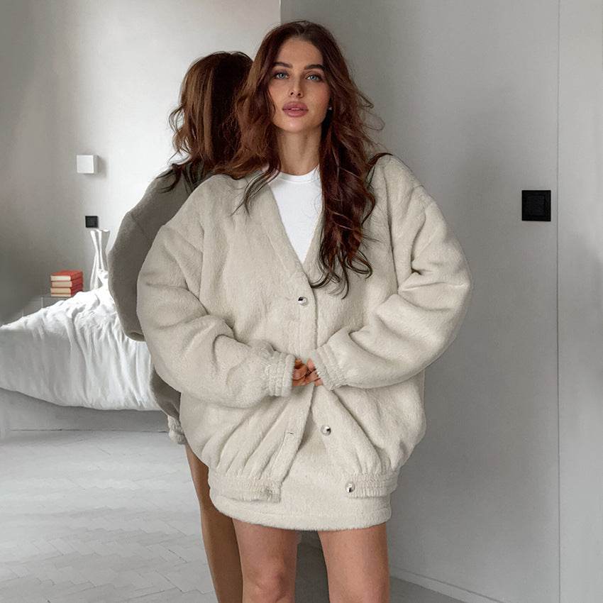 Polar Fleece Cardigan Short Skirt Two-piece Fashion Khaki Warm Lamb Wool Women's Clothing - MYLUXURY LANE ENTERPRISE