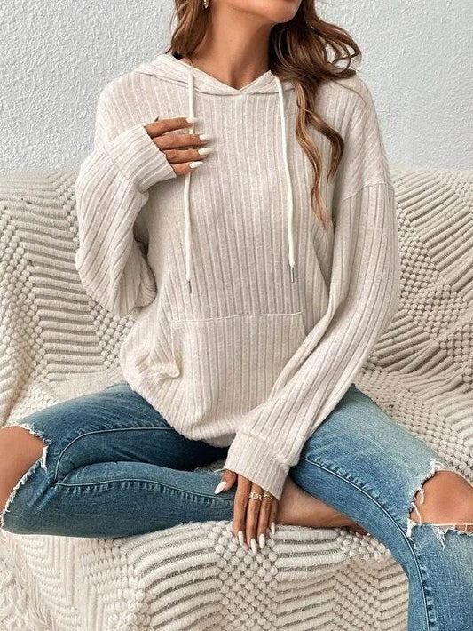 Fashion Drawstring Long-sleeved Hooded Sweatshirt With Pockets Solid Sunken Stripe Hoodie Knitwear Womens Clothing - MYLUXURY LANE ENTERPRISE
