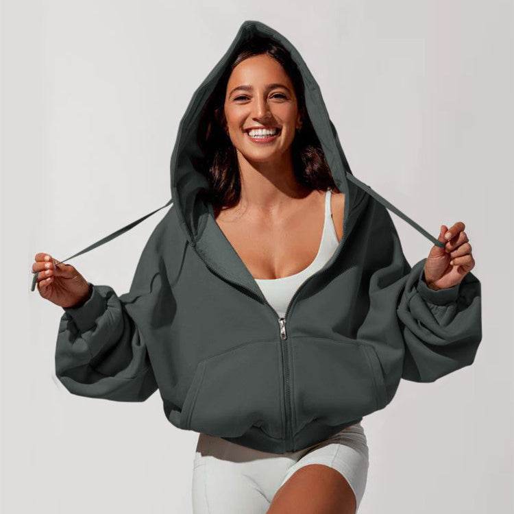 Zipper Hoodies Sports Jacket Fashion Loose Hooded Sweatshirt Casual Solid Women's Clothing - MYLUXURY LANE ENTERPRISE