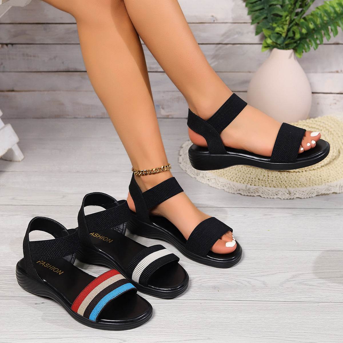 Fashion Color-block Elastic Sandals Summer Fashion Fish Mouth Flat Shoes For Women - MYLUXURY LANE ENTERPRISE