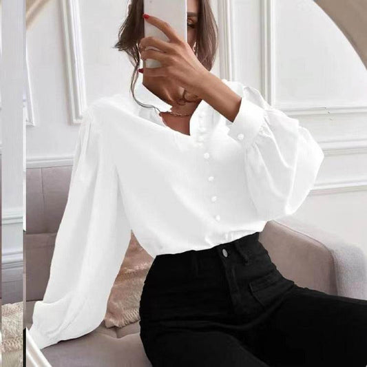 Commute Style Solid Color Round Neck Long Sleeve Single-breasted Women's Shirt - MYLUXURY LANE ENTERPRISE