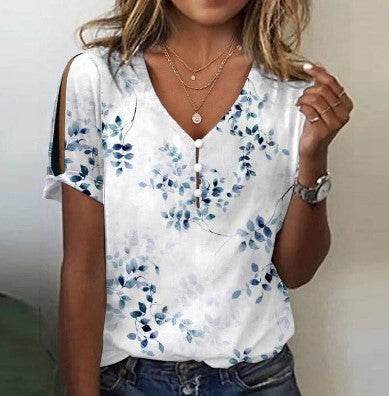 Flower Series 3D Printed V-neck Button T-shirt Top - MYLUXURY LANE ENTERPRISE