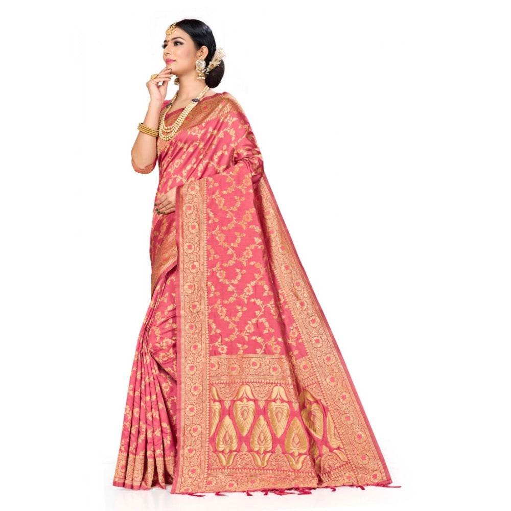 Generic Women's Banarasi Silk Saree (Peach, 5-6mtrs) - MYLUXURY LANE ENTERPRISE