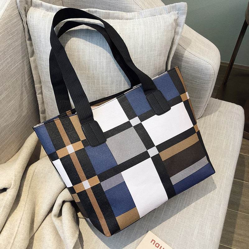 PU Shoulder Fashion Plaid Large Capacity Shopping Bag - MYLUXURY LANE ENTERPRISE